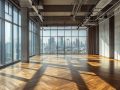 open space con parquet lucido e grandi pareti in cemento a vista