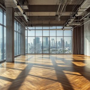 open space con parquet lucido e grandi pareti in cemento a vista