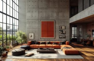 loft moderno con parquet in rovere e parete in cemento a vista