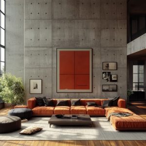 loft moderno con parquet in rovere e parete in cemento a vista