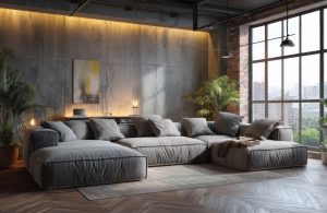 soggiorno industriale con parquet scuro e pareti in cemento