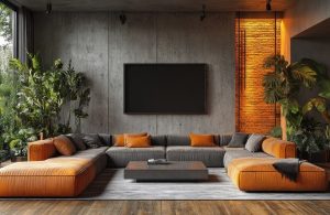 salotto moderno con divano arancione, parquet e pareti in cemento