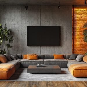 salotto moderno con divano arancione, parquet e pareti in cemento