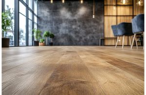 stanza moderna con parquet chiaro e parete in cemento spatolato