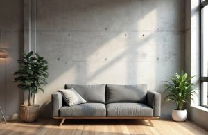 soggiorno con parquet, divano grigio e parete in cemento