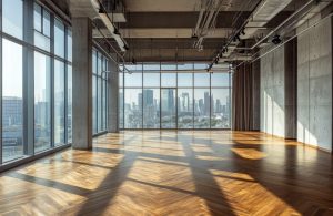 open space con parquet lucido e grandi pareti in cemento a vista