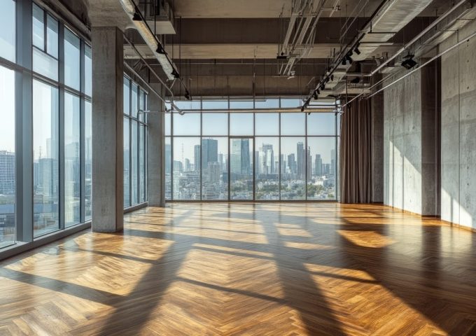 open space con parquet lucido e grandi pareti in cemento a vista